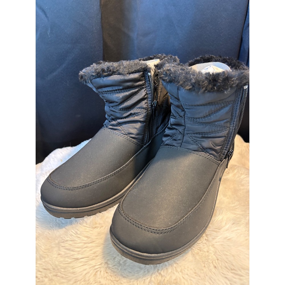 Black Quilted Puffer Winter Ankle Boots Faux Fur Trim Side Zip 8W 161699-12-08W
